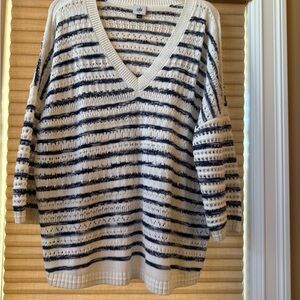 CAbi Navy and White V-Neck Sweater